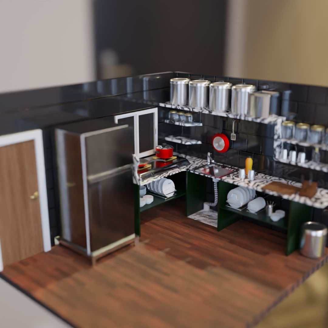 A 3D render of a miniature kitchen